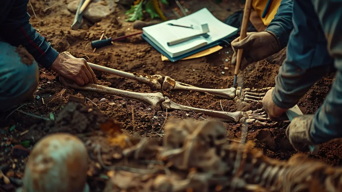 Szene von einer archäologischen Stätte mit antiken Überresten und Entdeckungen.